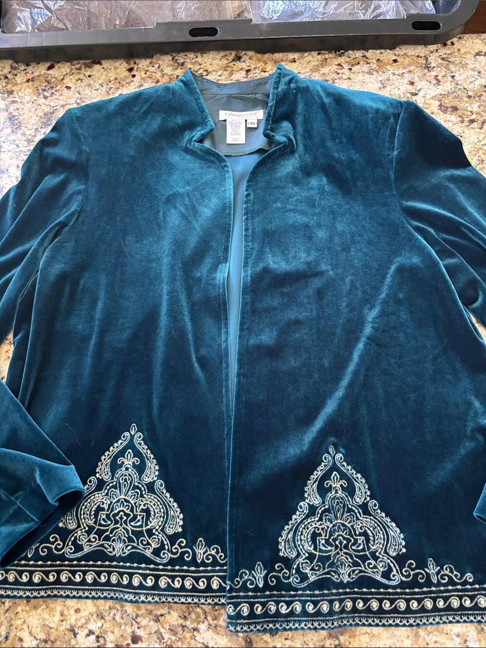 Coldwater Creek Teal Velvet Embroidered Open-Front Jacket